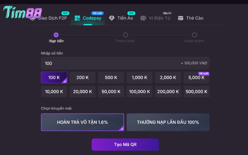 Chọn các hình thức nạp tiền tại nền tảng